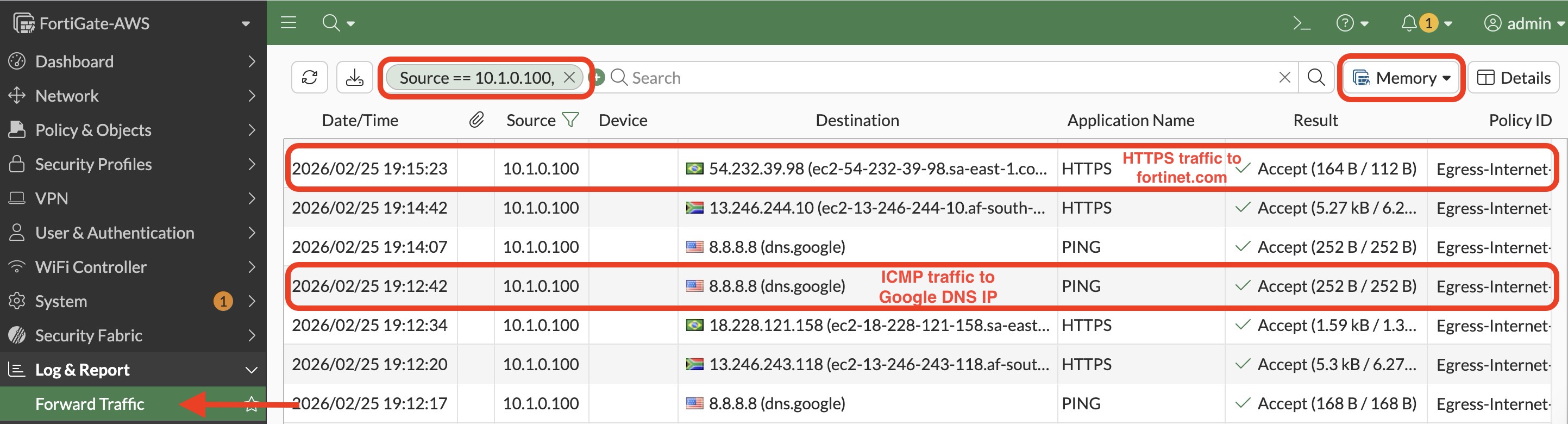 FortiGate egress traffic logs