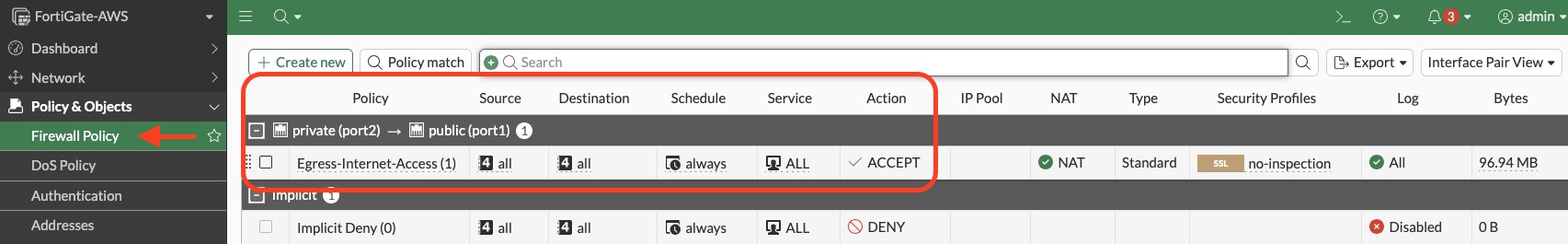 Preconfigured FortiGate egress firewall policy