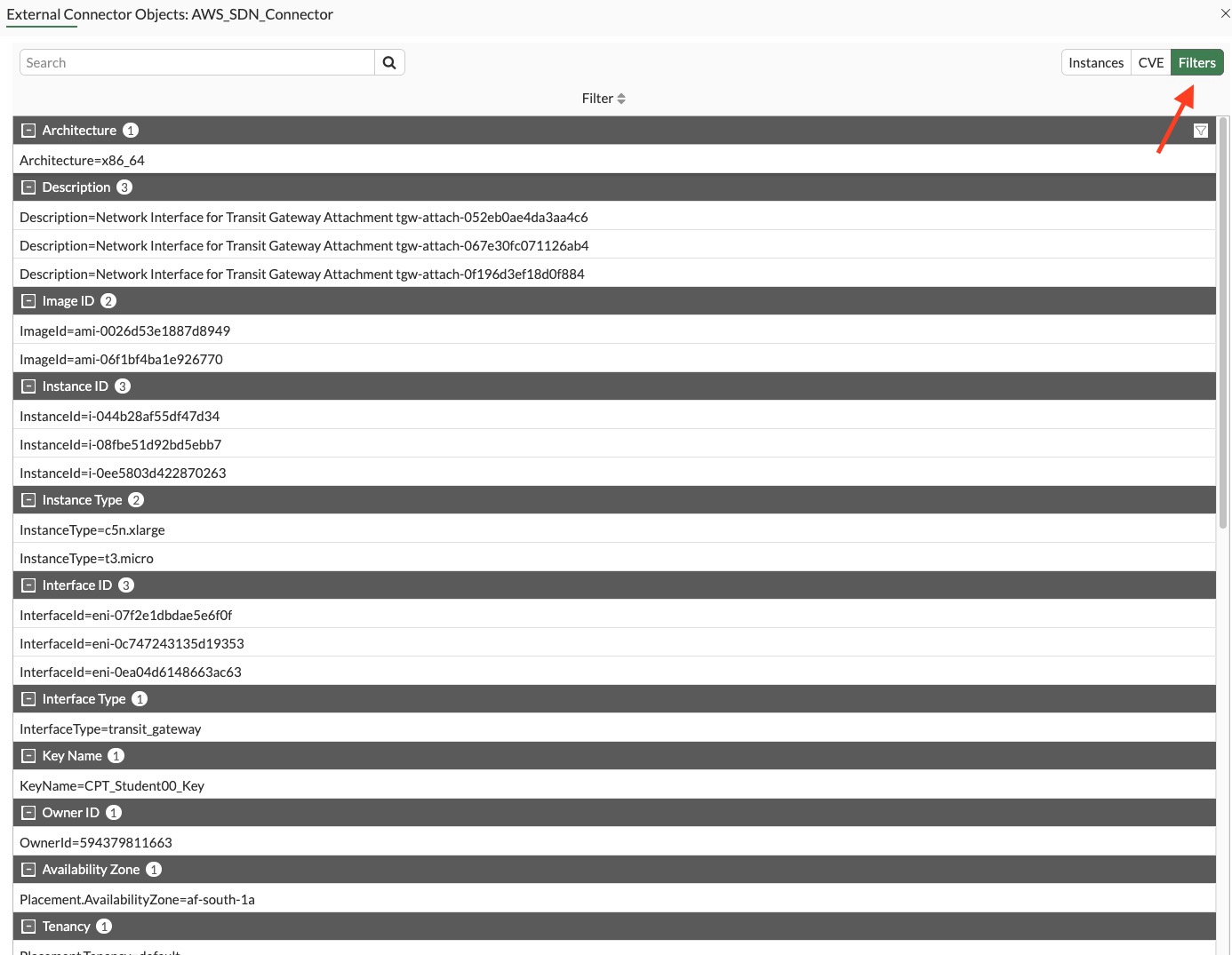 AWS resources discovered by the SDN connector