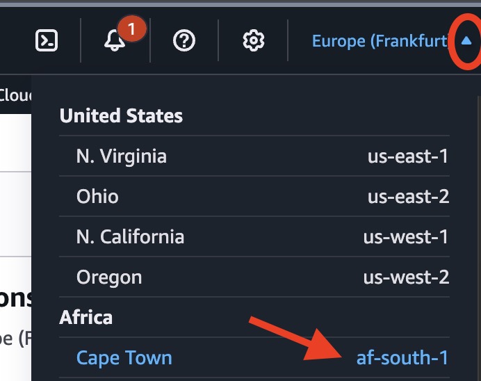 Select the AWS Cape Town Region