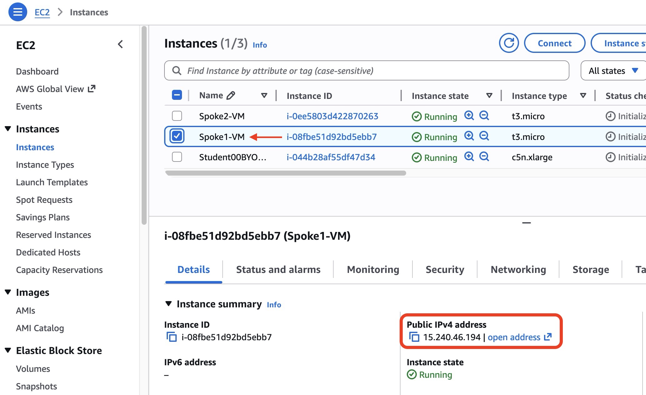 Locate the Spoke 1 VM public IP address