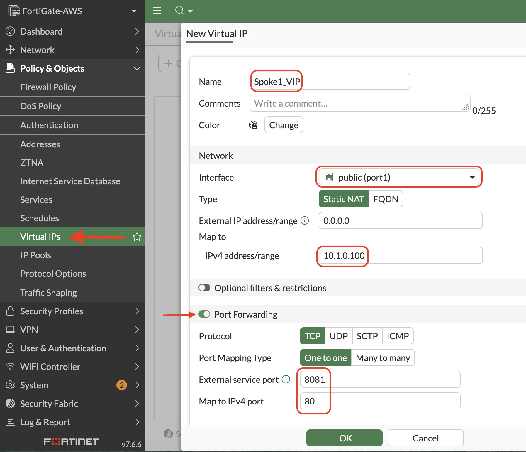 Create the Spoke 1 virtual IP object