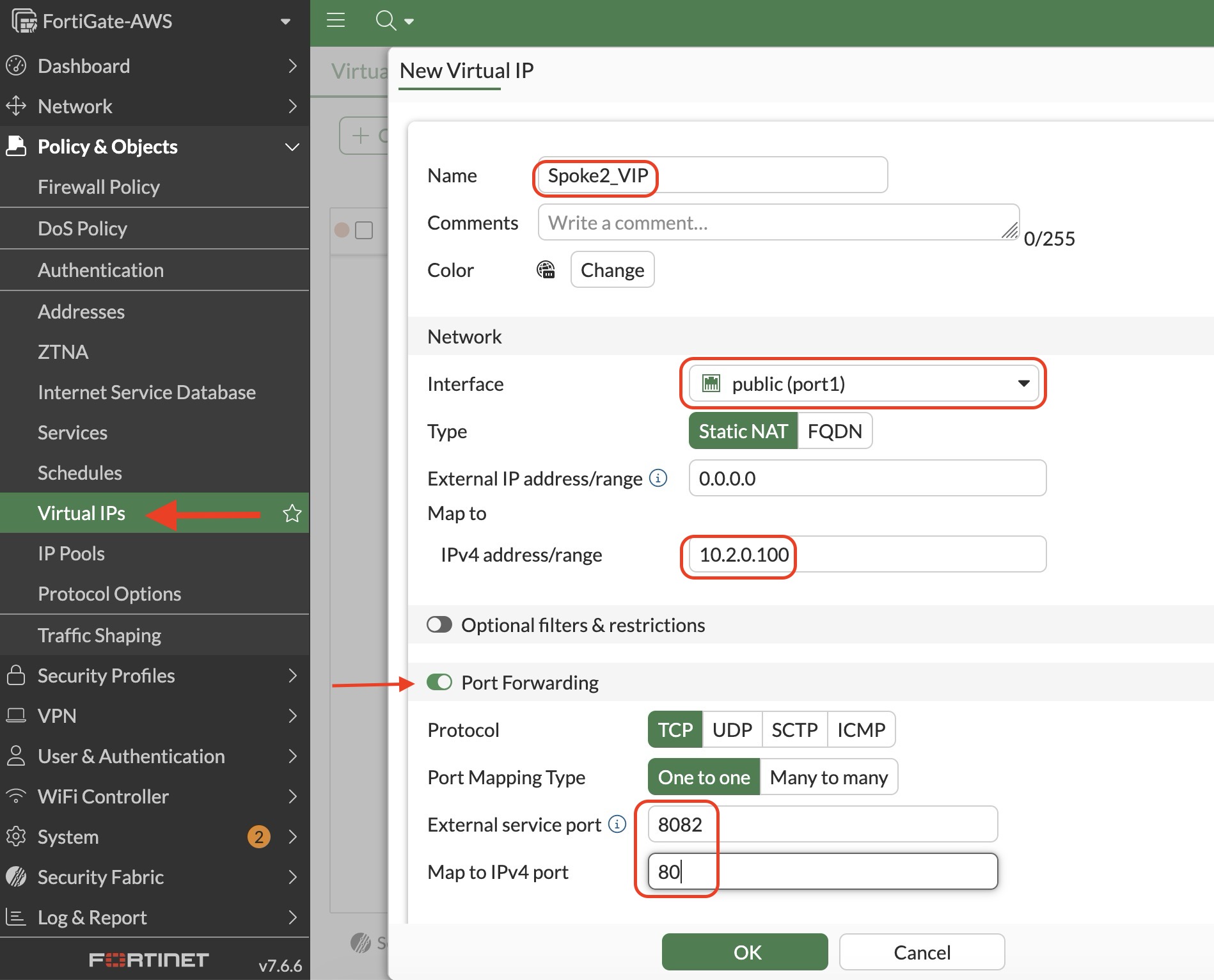 Create the Spoke 2 virtual IP object